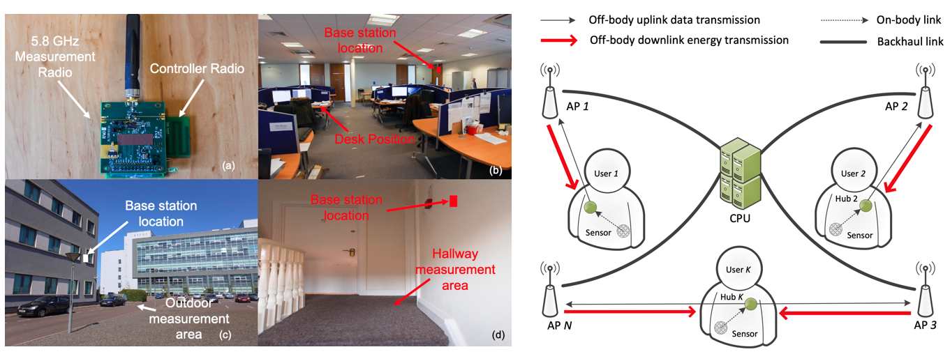Wearable radio measurement environments and a distributed massive MIMO wireless-power-transfer architecture for body area networks.