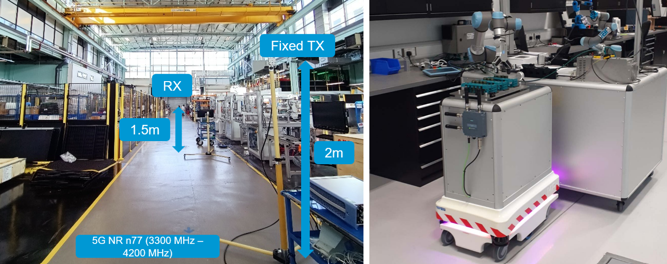A 5G NR measurement setup in a manufacturing facility alongside an AGV used in a smart factory.